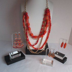 Vintage Orange/Coral Tone Celluoid Plastic Bead/Gold Chain Runway Set.  4 Pc.